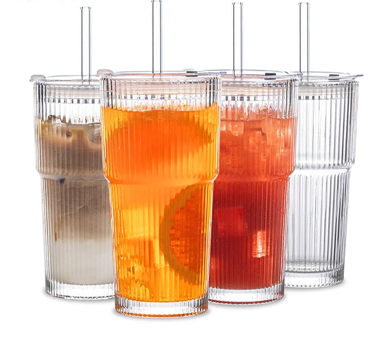 Ribbed Glass Tumbler with Straw & Lid – Large Iced Coffee Cup or for Cold Drinks