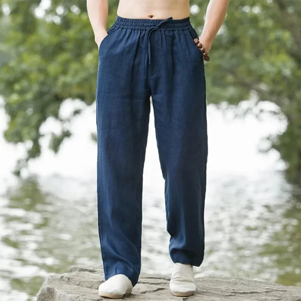 Men’s Loose Fit Linen Trousers – Lightweight Drawstring Waist Straight Leg Summer Pants