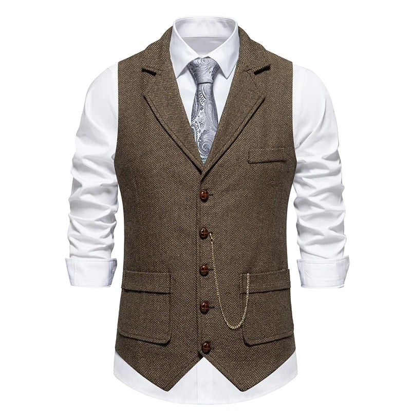 Men’s Tweed Waistcoat with Lapel and Chain – Herringbone Formal Vest in Grey, Brown, Blue