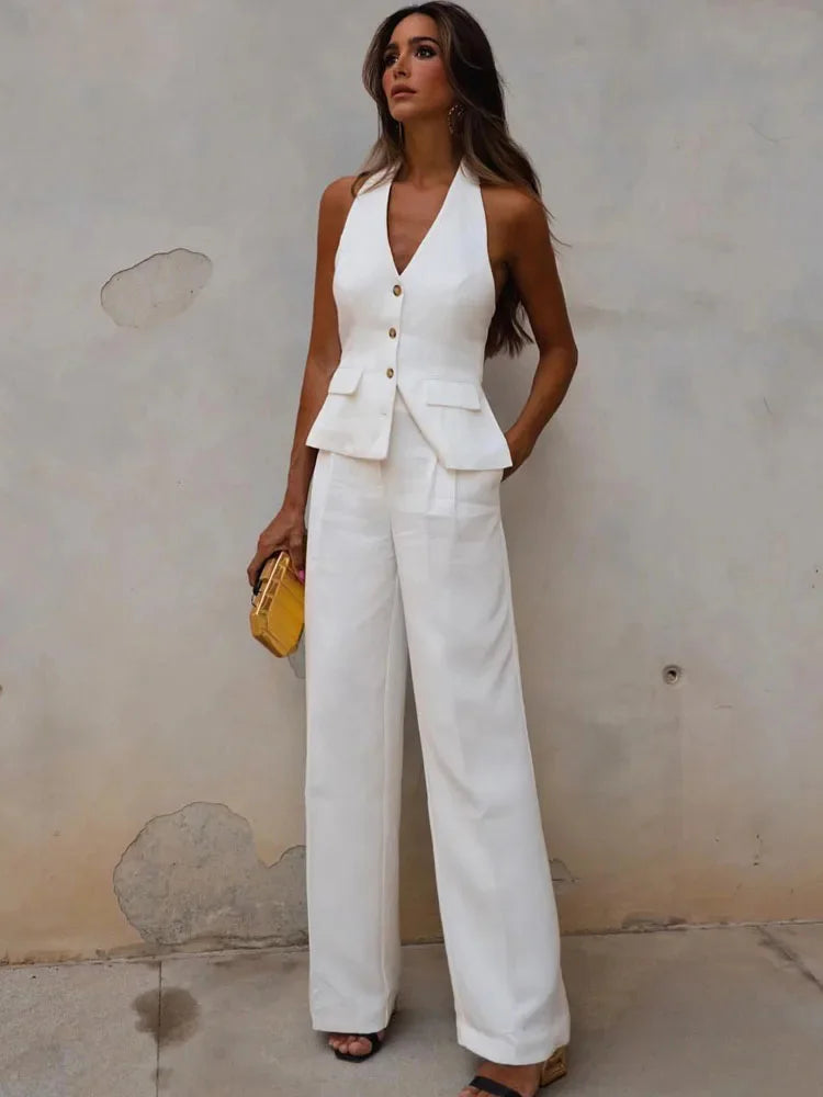Rivana Tailored Waistcoat and Wide Leg Trouser Two Piece Set – White, Pink, Taupe and Black Sleeveless Suit Co-ord for Women