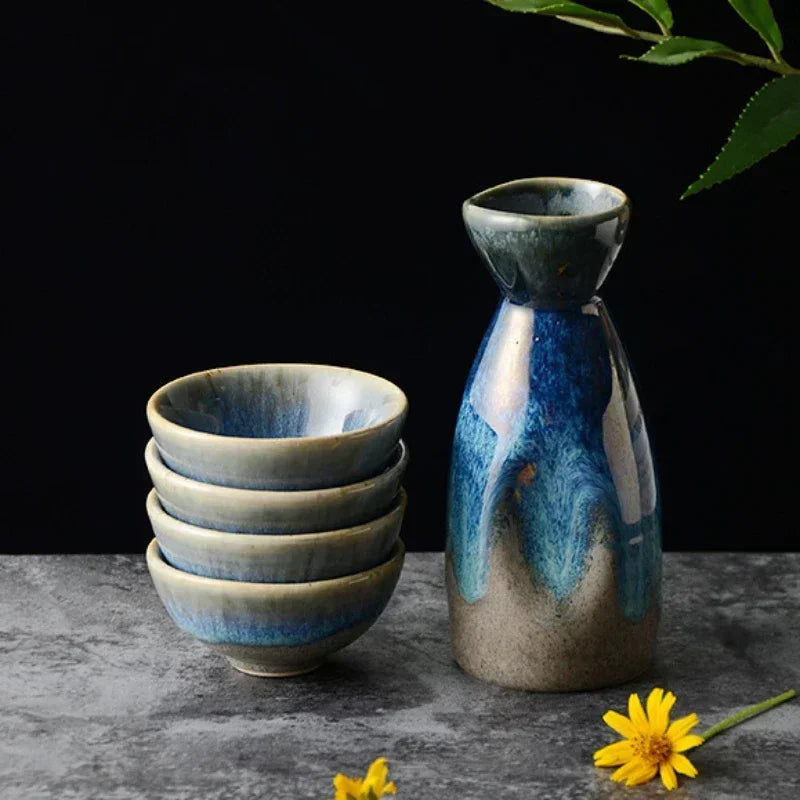 Aozora Japanese Sake Set – 5-Piece Deep Blue Ceramic Bottle & Cup Gift Set for Home Bar and Dining