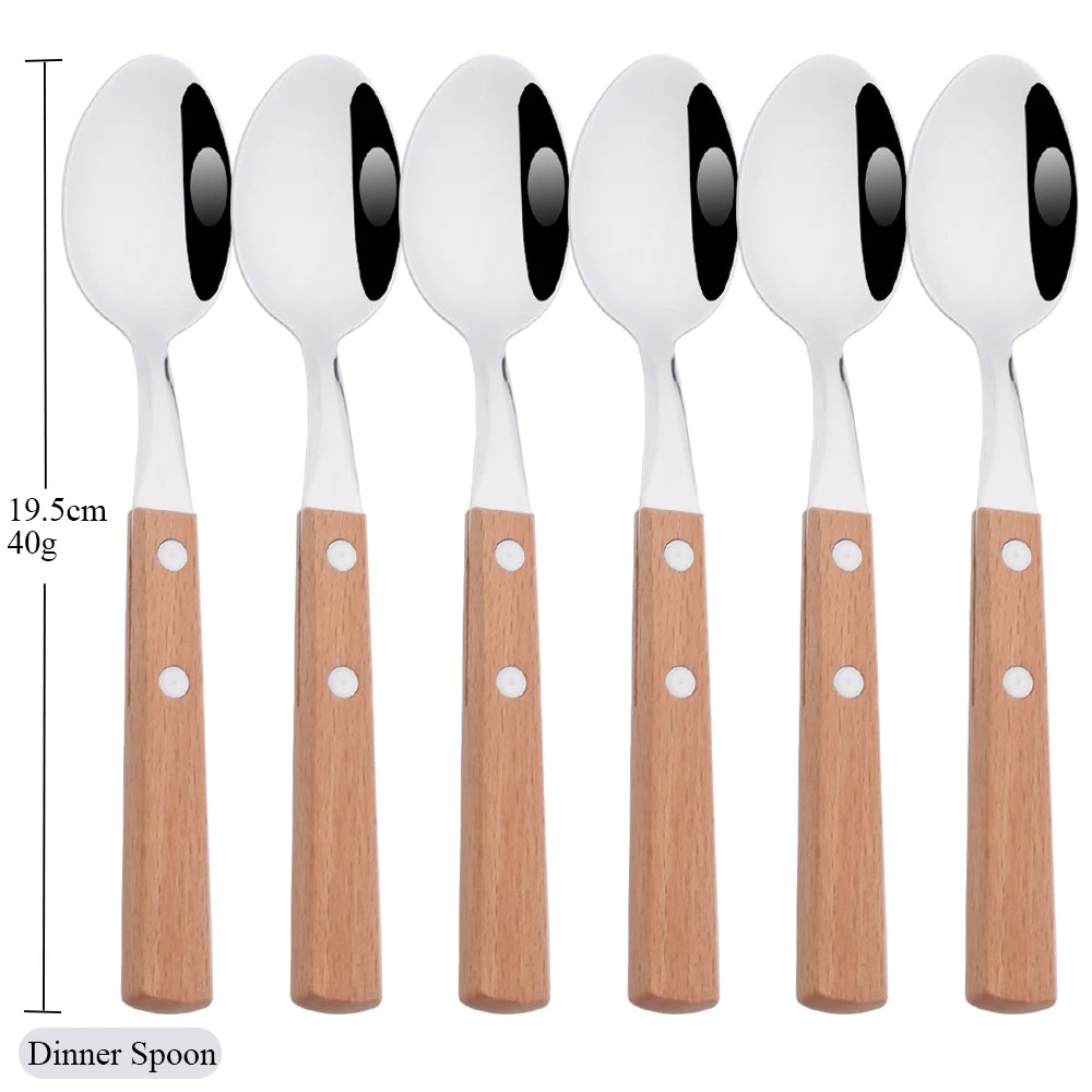 Wooden Handle Cutlery Set – 24 Piece Stainless Steel Knives, Forks & Spoons for Dining & Kitchen