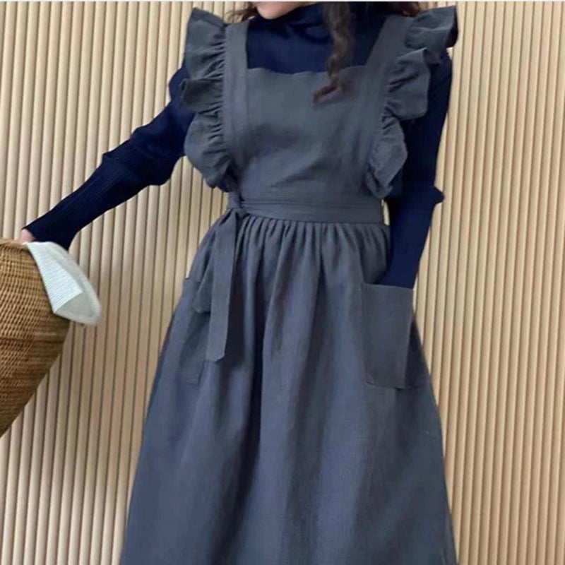 Vintage Frill Apron Dress – Ruffle Strap Kitchen Apron with Pockets for Cooking, Baking & Cleaning