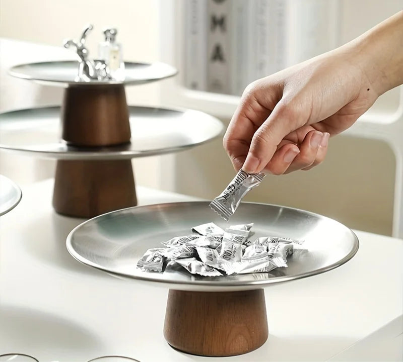 Stainless Steel Cake Stand with Wooden Base – Gold & Silver Display Riser for Dessert Tables, Weddings & Parties