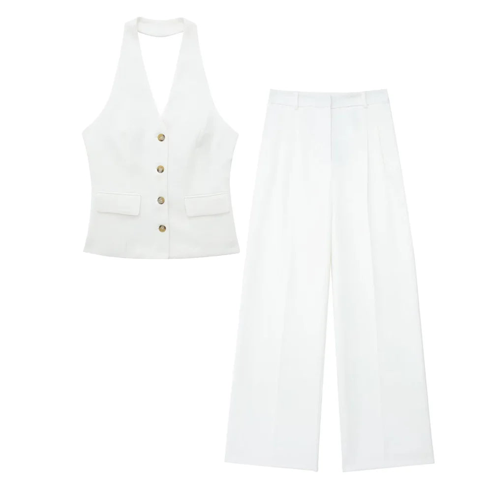 Rivana Tailored Waistcoat and Wide Leg Trouser Two Piece Set – White, Pink, Taupe and Black Sleeveless Suit Co-ord for Women