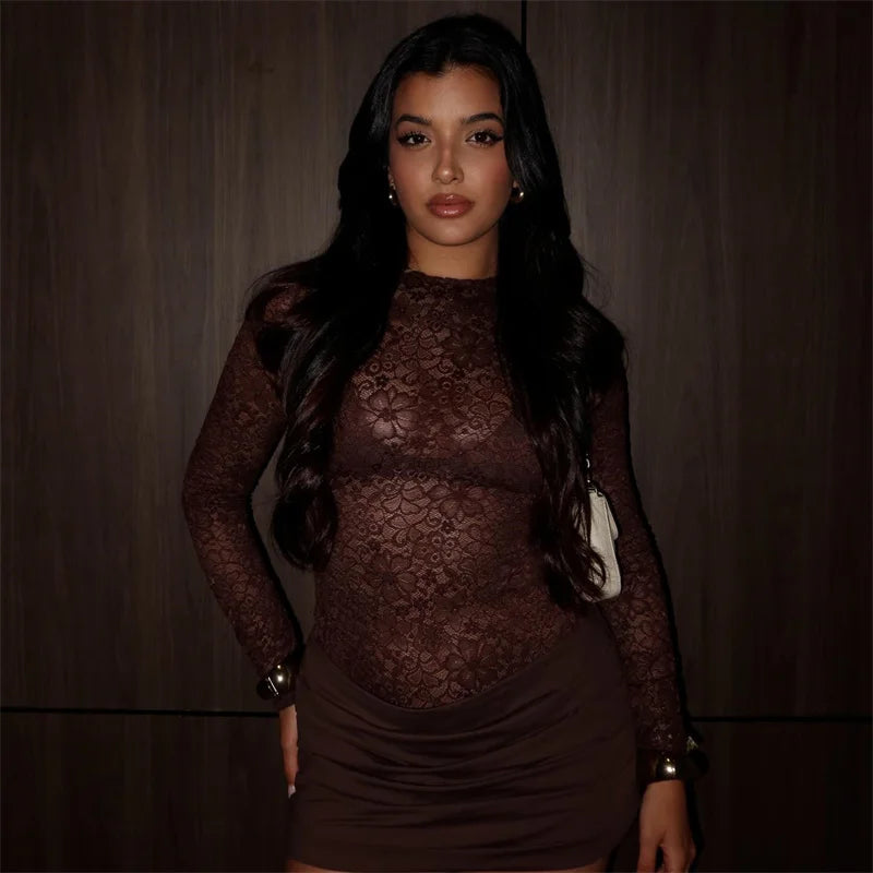 Rosalyn Lace Ruched Mini Dress – Brown Sheer Long Sleeve Partywear & Evening Dress