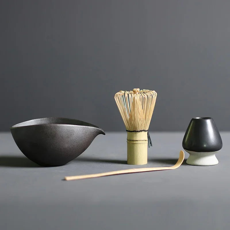Matcha Tea Set with Bamboo Whisk, Bowl, Scoop & Holder – Traditional Japanese Ceremony Kit in Black, Brown, Dark Grey & Stone
