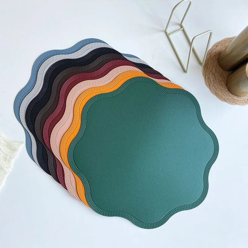 Flower Shaped Embossed Faux Leather Placemats – 38cm Round Dining Table Mats in 1pc, 4pcs or 6pcs Sets