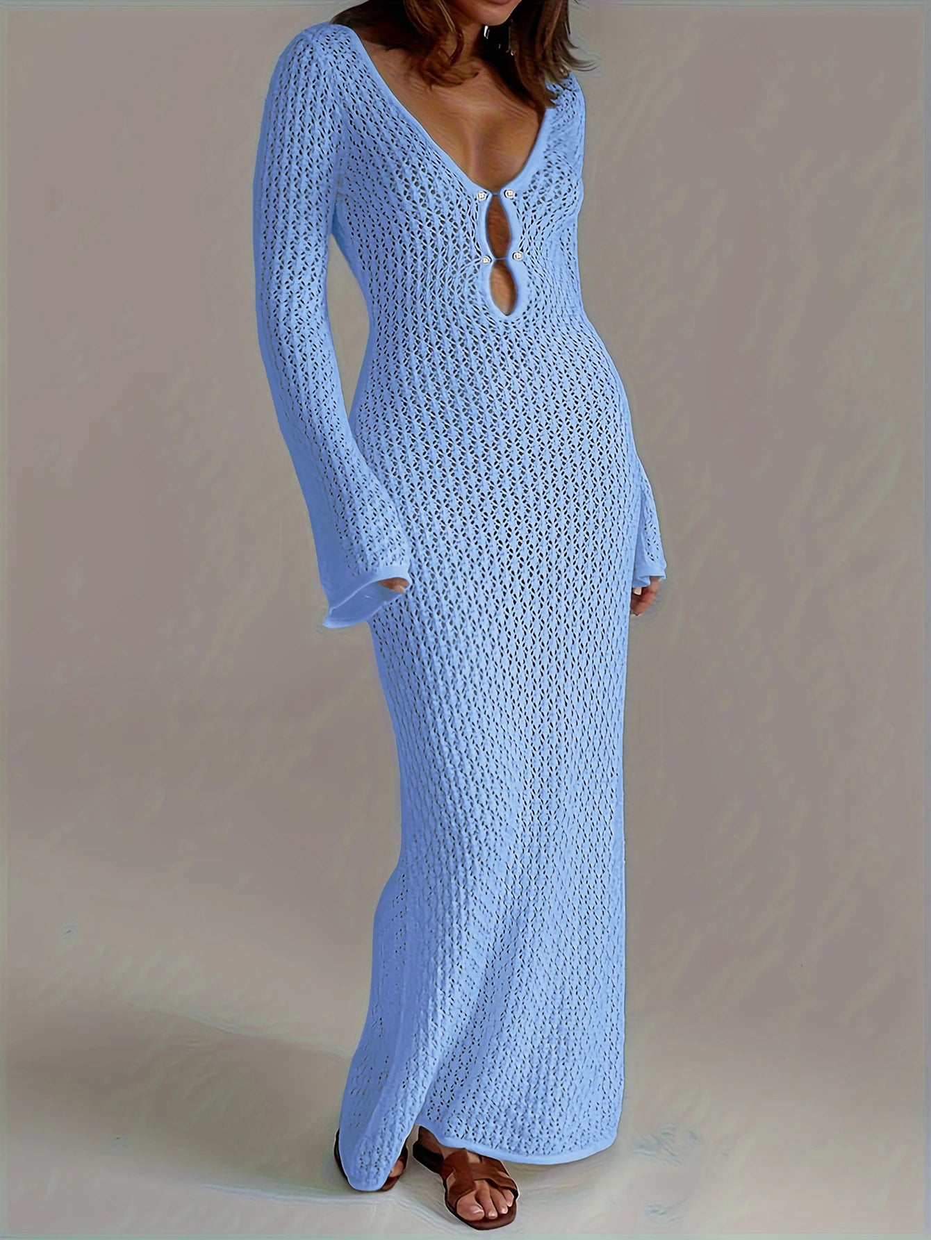 Serenah Crochet Knit Beach Dress – Long Sleeve V-Neck Holiday Cover Up Maxi Dress for Women
