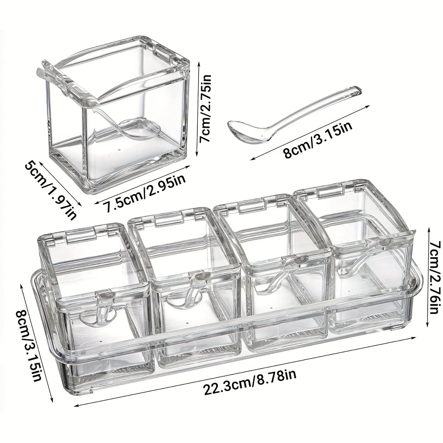 Transparent Spice Container Box With Spoon – 4 Compartment Seasoning Organizer For Kitchen Storage