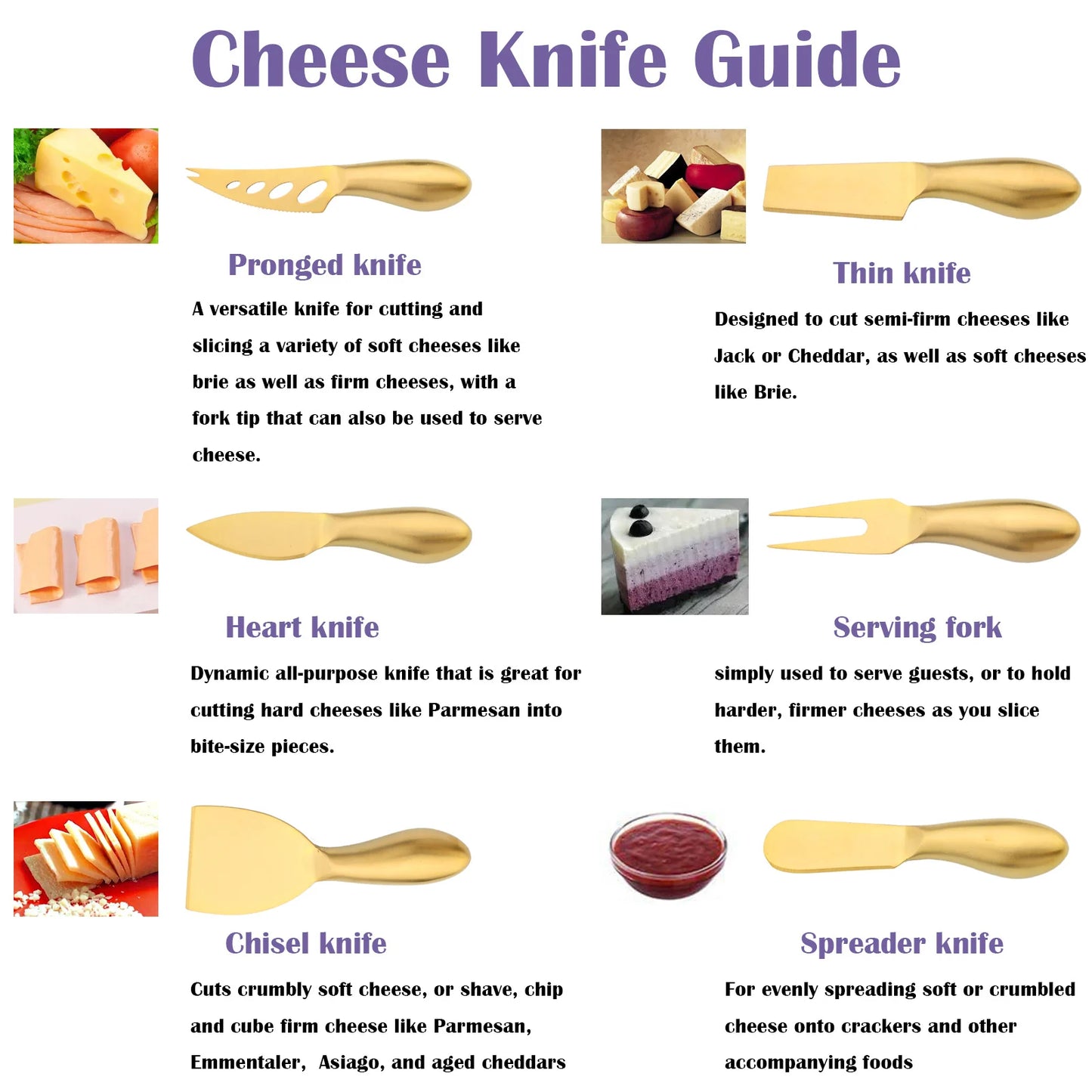 Cheese Knife Set – 6-Piece Stainless Steel Cheese Cutters for Soft & Hard Cheeses - In Various Colours