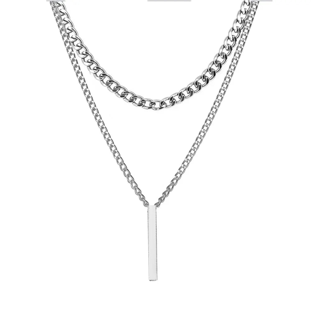 Double-Layer Chain Necklace with Vertical Pendant