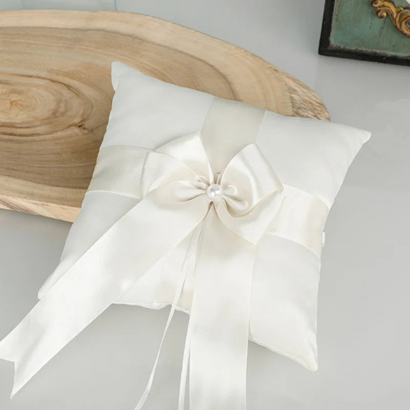 Ivory Satin Flower Girl Basket & Ring Cushion Set – Wedding Ceremony Accessories with Pearl Handle & Bow Detail