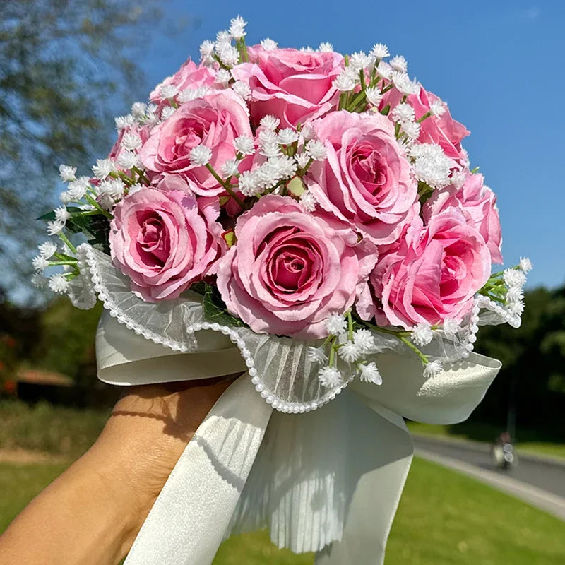 Elodie Peach and Ivory Rose Bridal Bouquet – Wedding Flowers with Pearl Trim