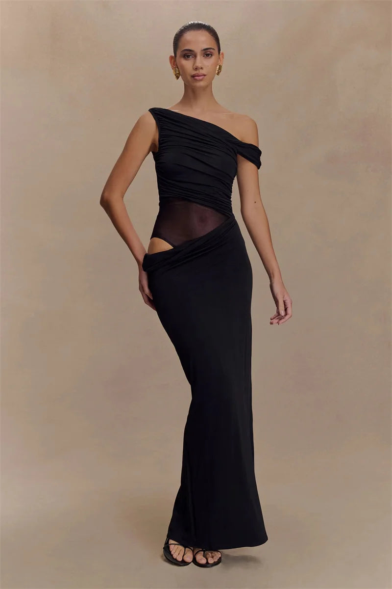 Marcelle One Shoulder Ruched Mesh Cut Out Maxi Dress – Black or Sage Green Summer Bodycon Gown