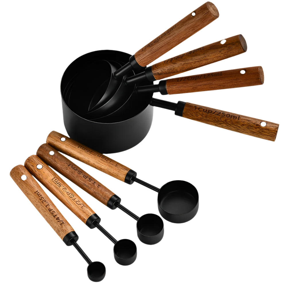 Wooden Handle Measuring Cups and Spoons Set - Stainless Steel Kitchen Baking Tools in 1Pc, 4Pcs or 8Pcs Silver, Black or Gold