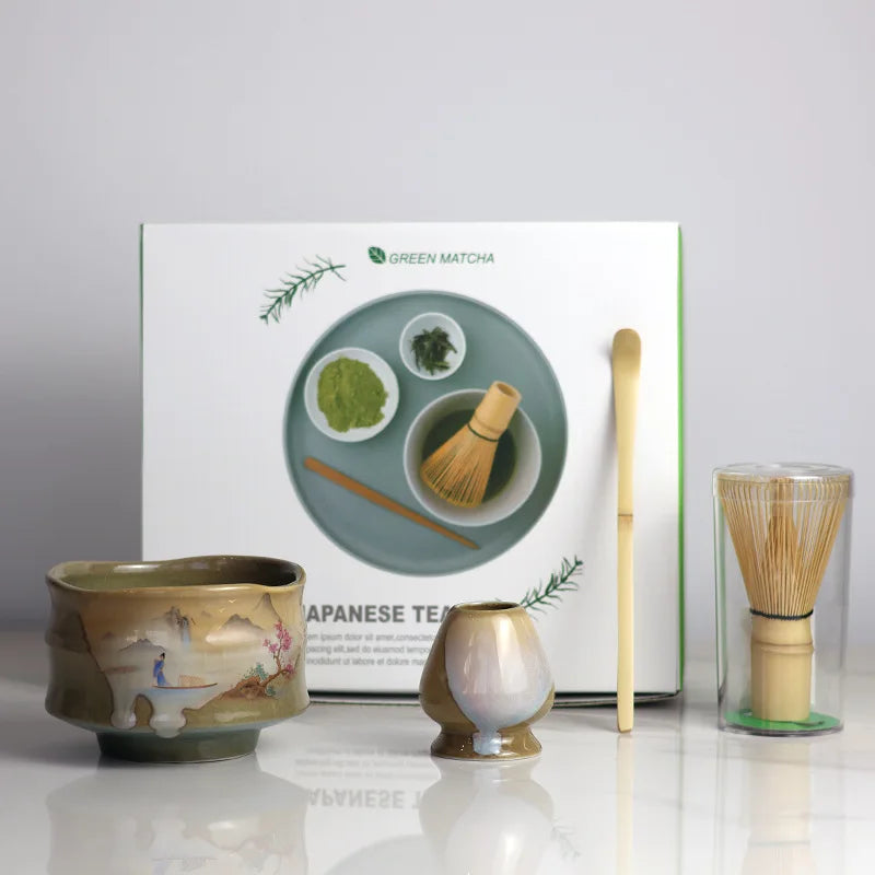 Premium Matcha Tea Set – 4 Piece Starter Kit with Bamboo Whisk, Ceramic Bowl, Scoop & Holder