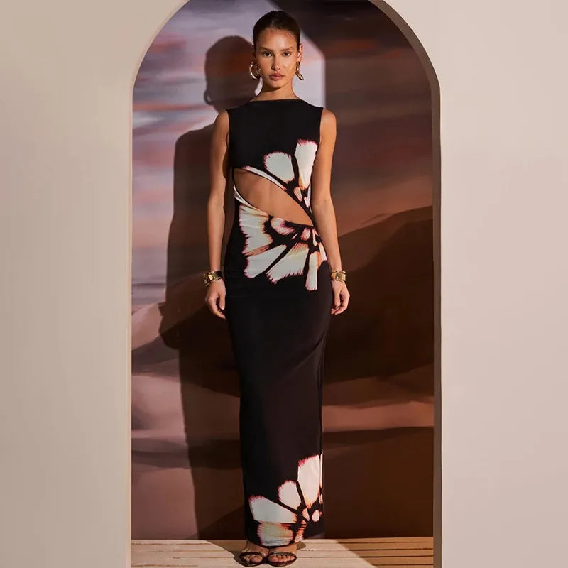Azariah Black Floral Cut-Out Maxi Dress – Elegant Sleeveless Summer Gown with Statement Print