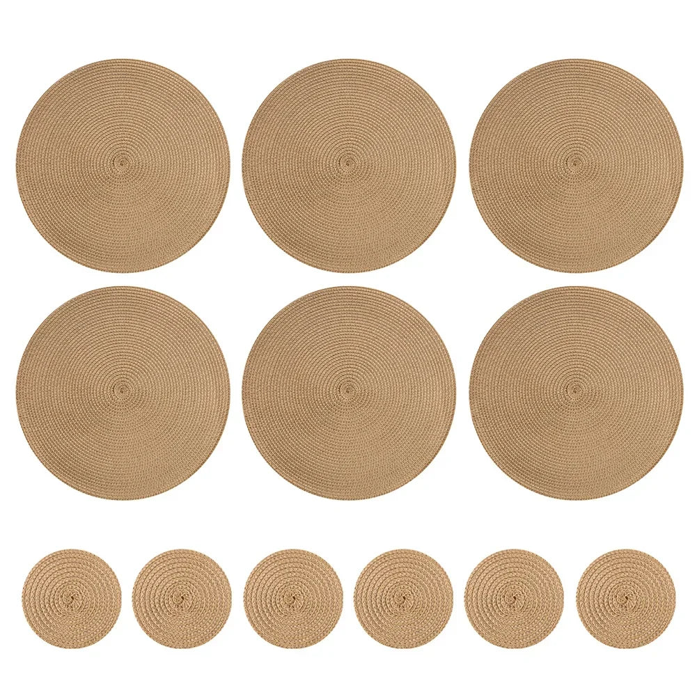 Woven Round Placemats and Coasters Set – 6-Piece Dining Table Mats
