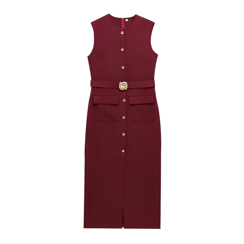 Marisse Belted Button Front Midi Dress – Sleeveless Smart Casual Dress in Black, Brown & Red Wine