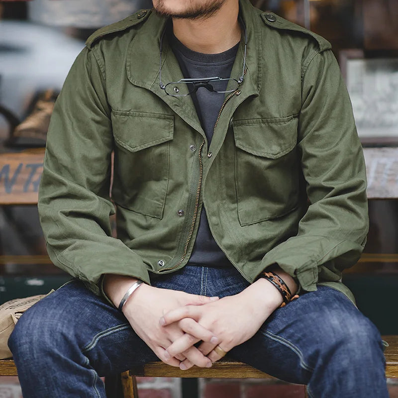Men’s Military-Style Utility Jacket – Khaki Cargo Field Jacket