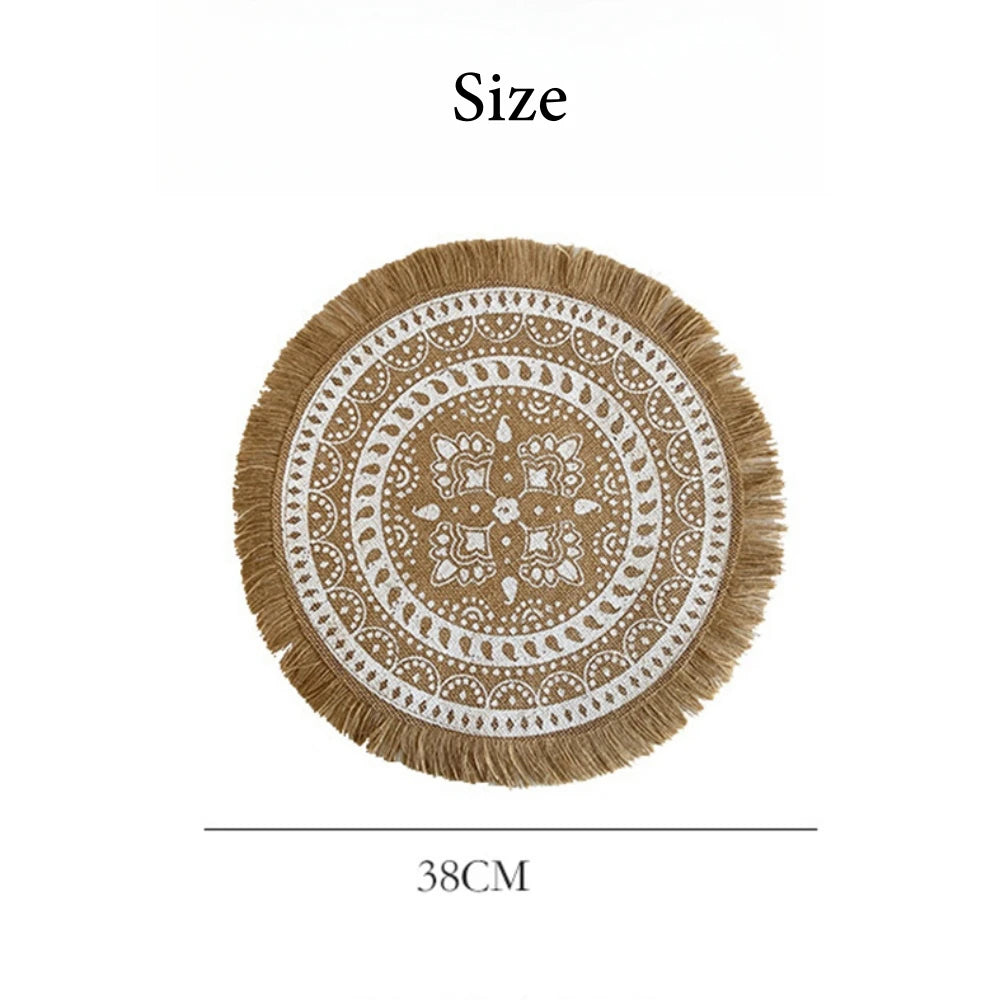 Boho Jute Round Placemats with Tassels – 38cm Natural Woven Table Mats for Rustic Dining & Home Decor