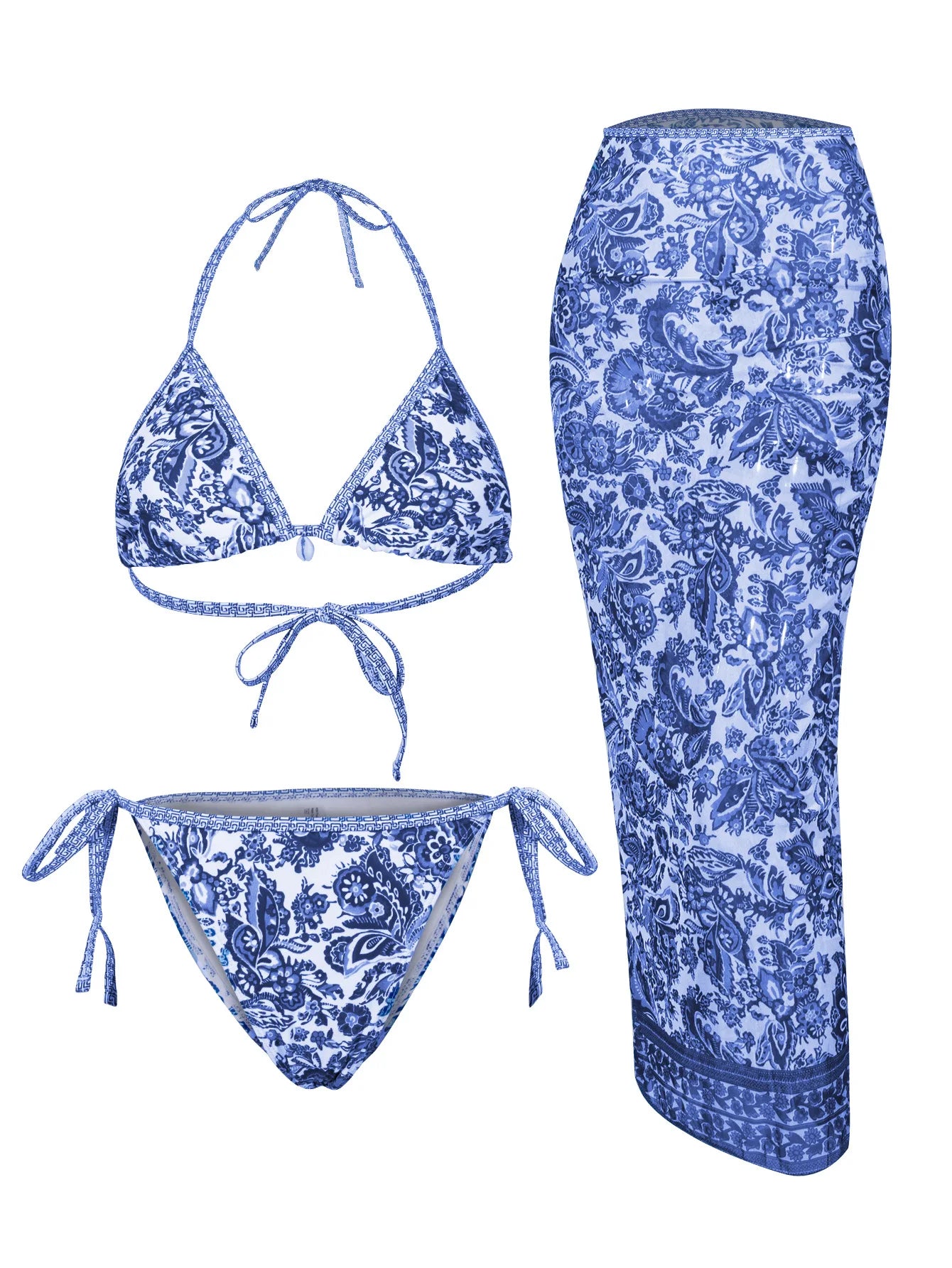 Floral Bikini and Mesh Skirt Set – Summer Holiday 3 Piece Swimsuit in Tropical Prints and Animal Patterns
