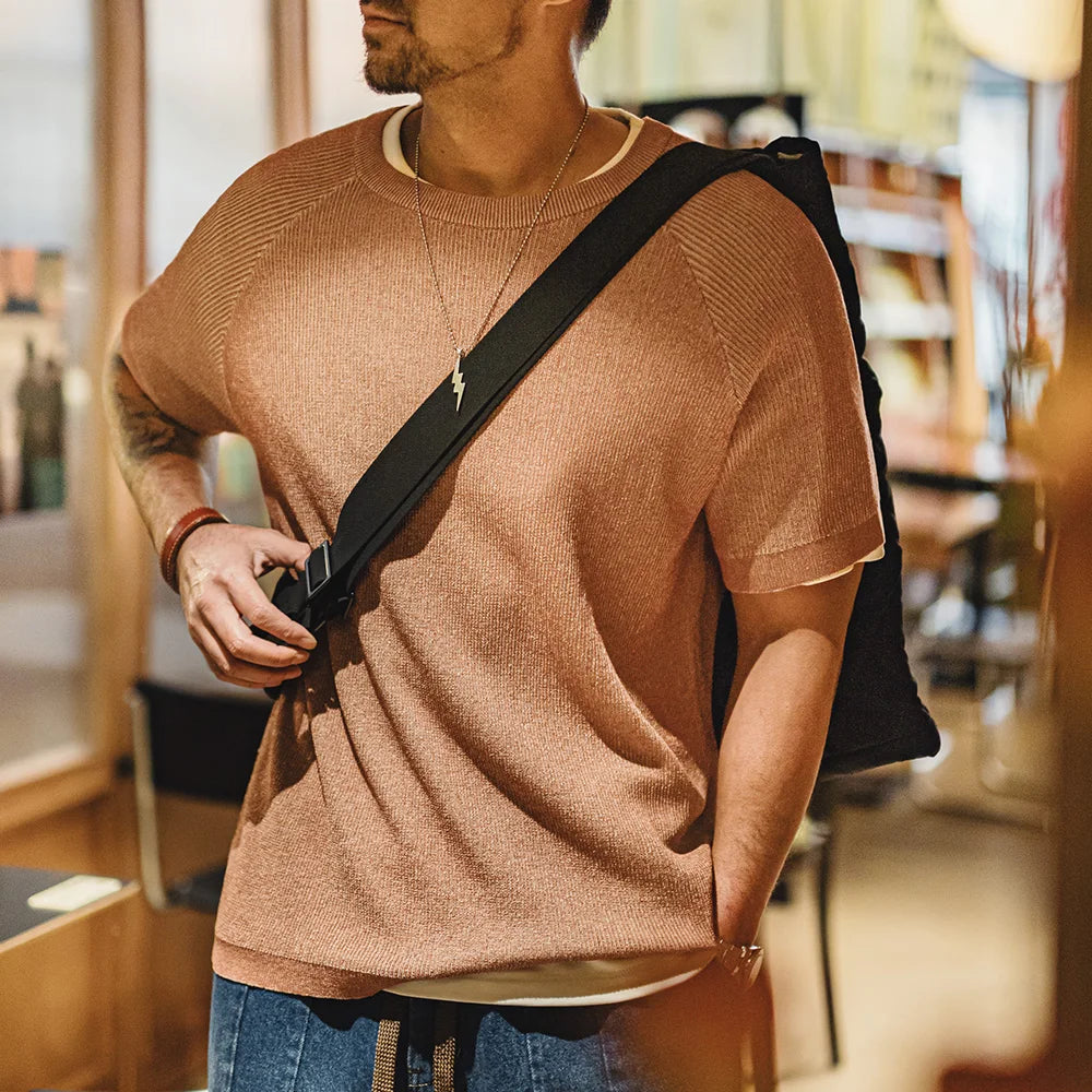 Men's Relaxed Fit Ribbed Knit Short Sleeve T-Shirt – Crew Neck Textured Mens Top for Casual Streetwear & Smart Layering
