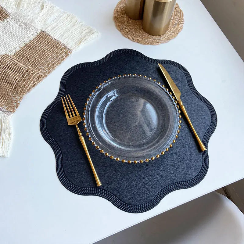 Flower Shaped Embossed Faux Leather Placemats – 38cm Round Dining Table Mats in 1pc, 4pcs or 6pcs Sets