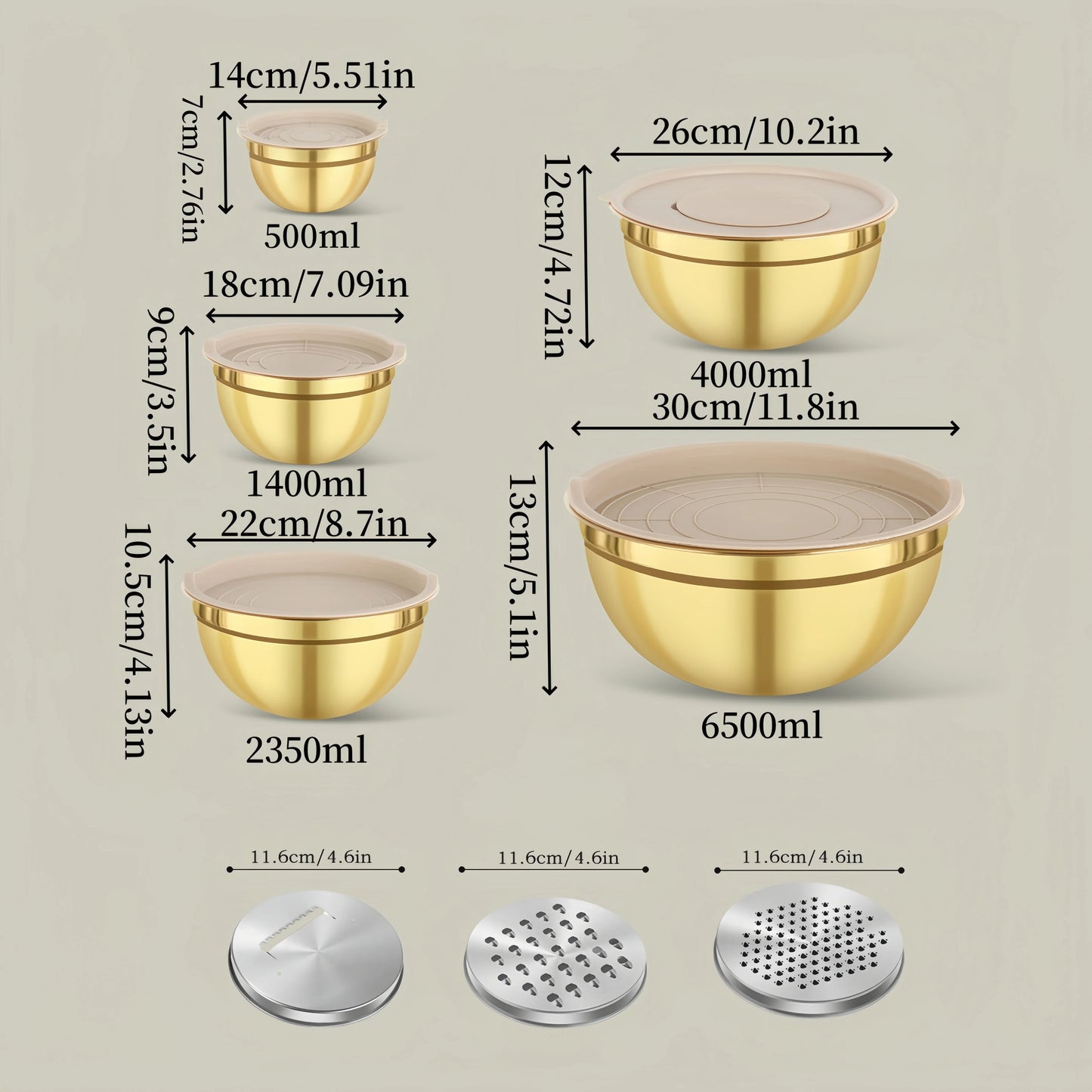 Gold Stainless Steel Mixing Bowls Set with Lids & Graters – 5 Piece Kitchen Food Prep, Salad & Baking Bowls