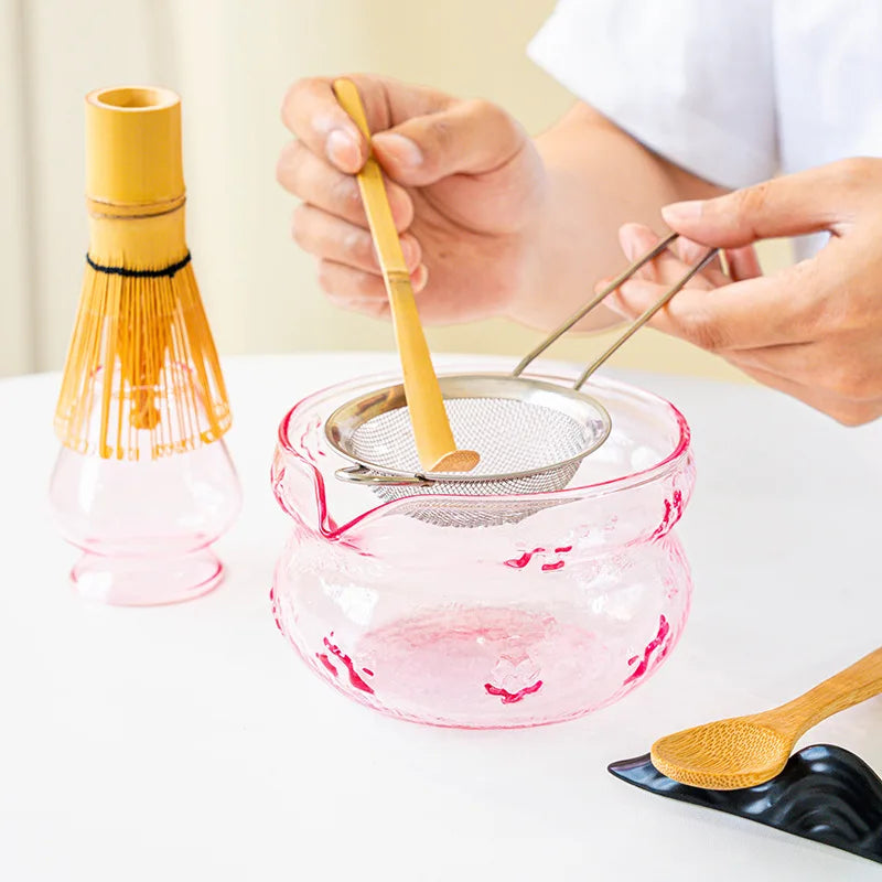 Matcha Tea Ceremony Set – Pink/ Blue Glass Matcha Bowl With Bamboo Whisk, Scoop & Accessories 4/5/7/8 Piece Set