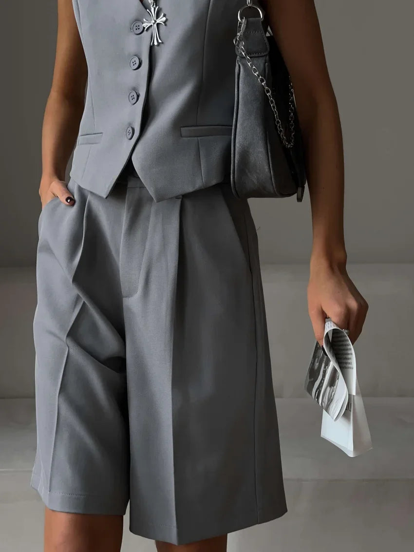 Averna Sleeveless Waistcoat and Bermuda Short Co-Ord Set – White, Charcoal Grey or Black Tailored Two-Piece for Women