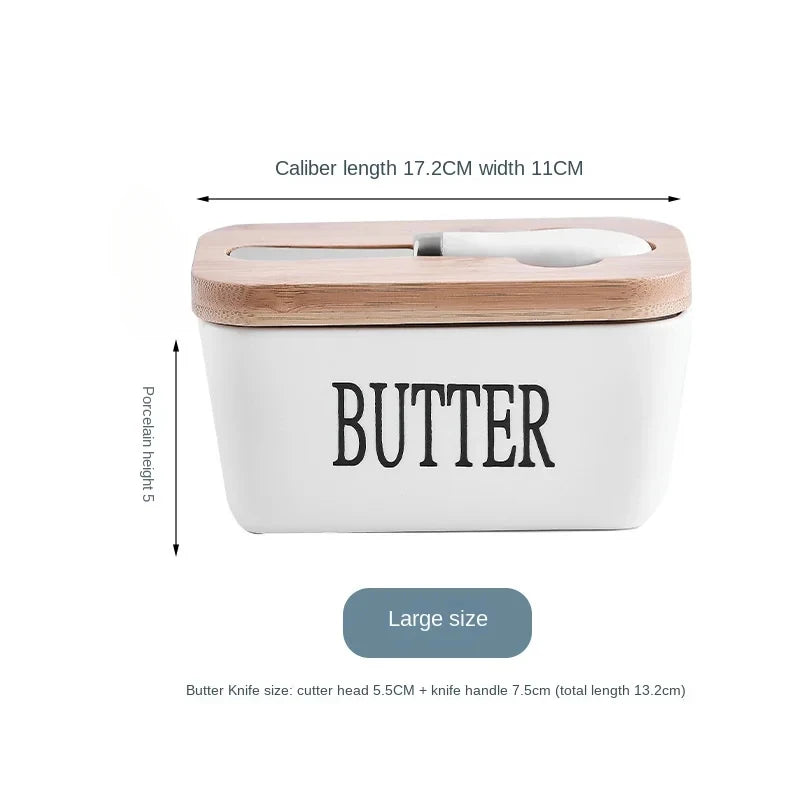 Ceramic Butter Dish with Wooden Lid & Knife – White Kitchen Storage Container