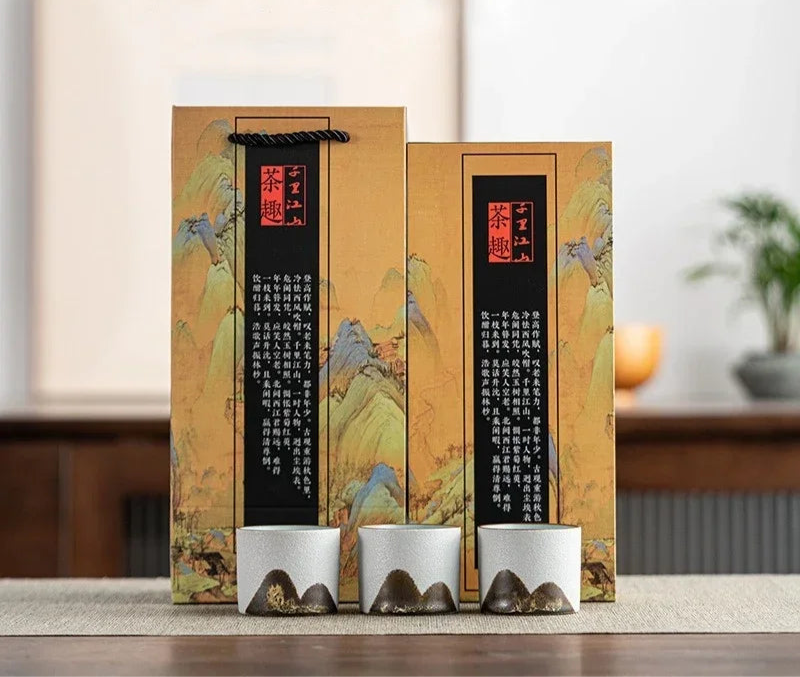 Mountain Landscape Ceramic Tea Cup Gift Set – 3-Piece Handmade Cups with Traditional Art Gift Box