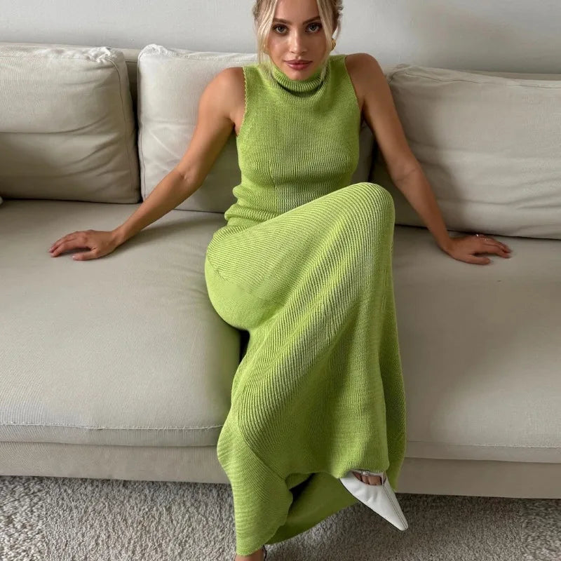 Elvire Sleeveless Knit Co-Ord Maxi Set – Yellow, Green, Red, White, Brown or Black Ribbed High Neck Two-Piece Dress