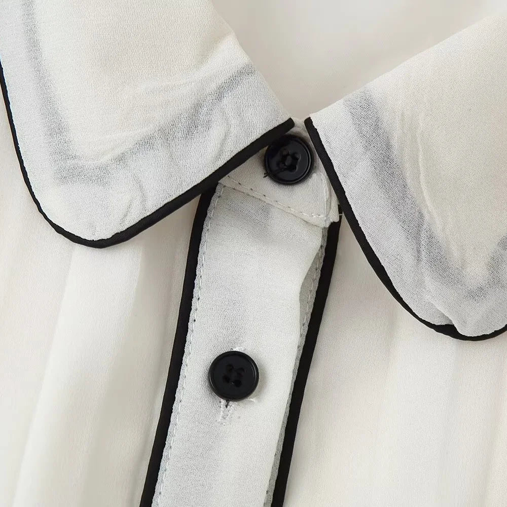 Renelle Pleated Long Sleeve Shirt Dress – White Belted Midi Dress with Black Contrast Trim