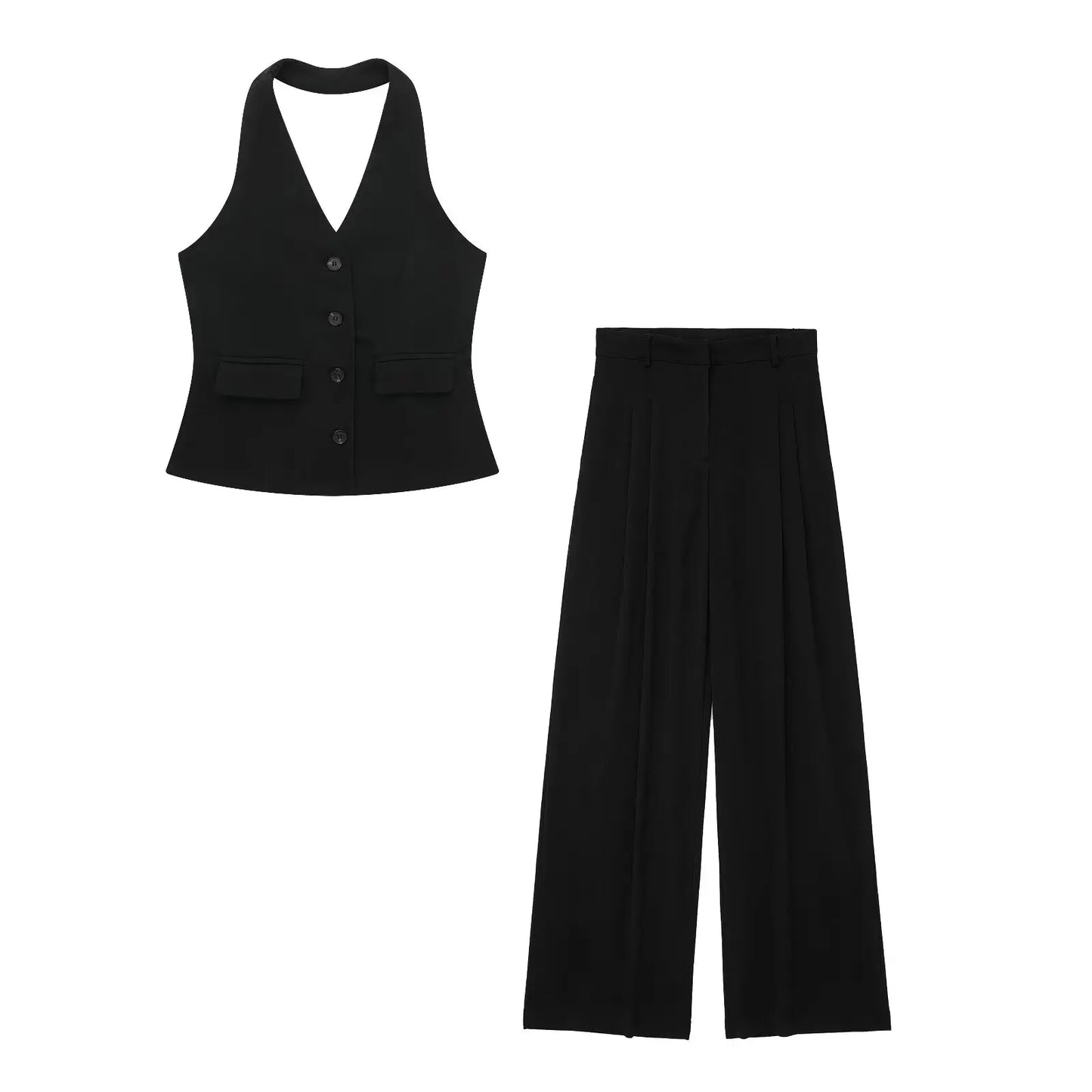 Rivana Tailored Waistcoat and Wide Leg Trouser Two Piece Set – White, Pink, Taupe and Black Sleeveless Suit Co-ord for Women