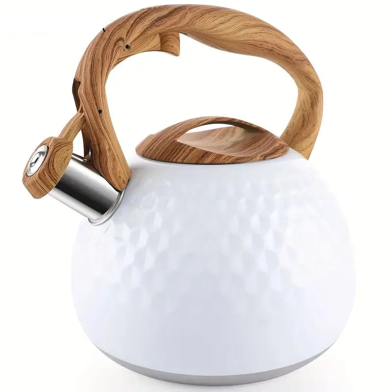 Stainless Steel Whistling Kettle – 3L Teapot with Wood-Effect Handle for Gas, Electric & Induction Hob, Available In Black, Pink, White, Beige