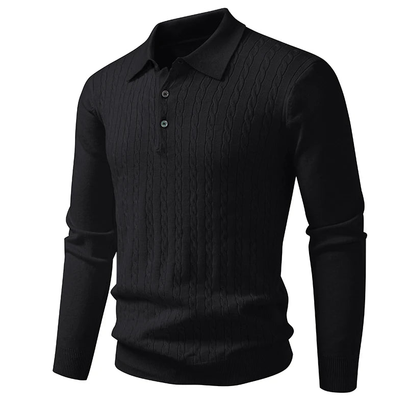 Mens Textured Knit Polo Jumper – Cable Knit Long Sleeve Pullover with Button Neck