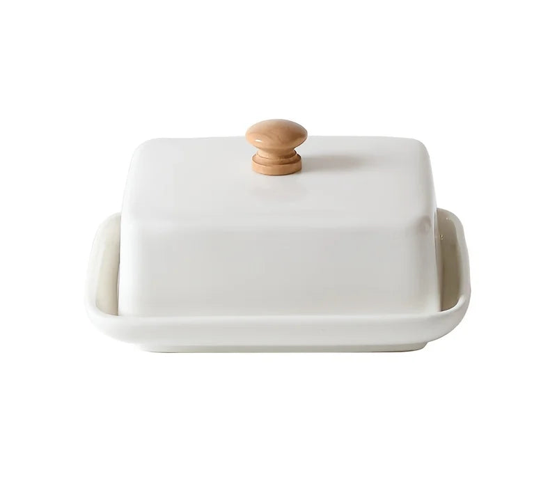 Black & White Ceramic Butter Dish with Wooden Handle – Rectangular Covered Butter Keeper for Kitchen & Dining