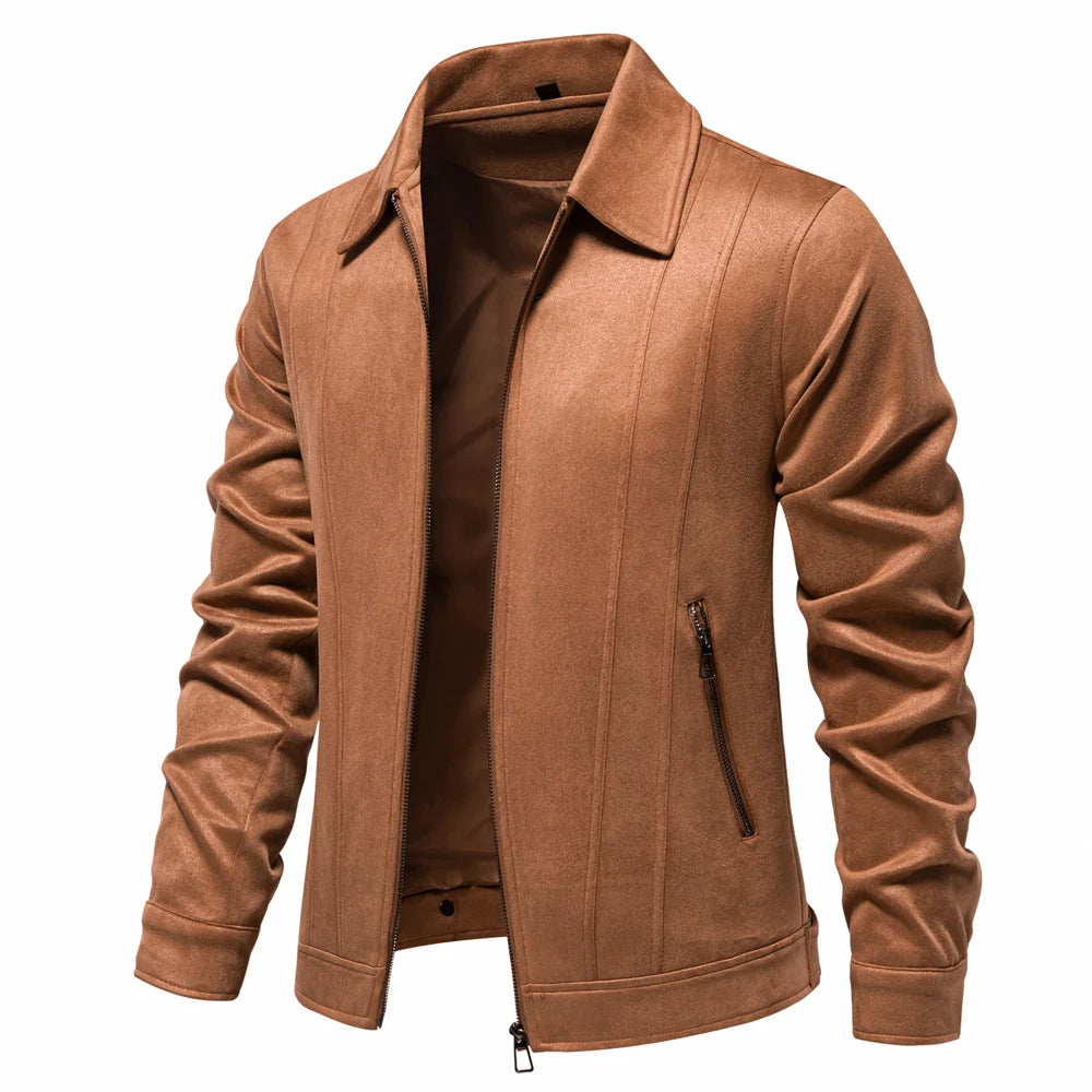 Men's Zip-Up Faux Suede Jacket-Classic Collared Casual Outerwear