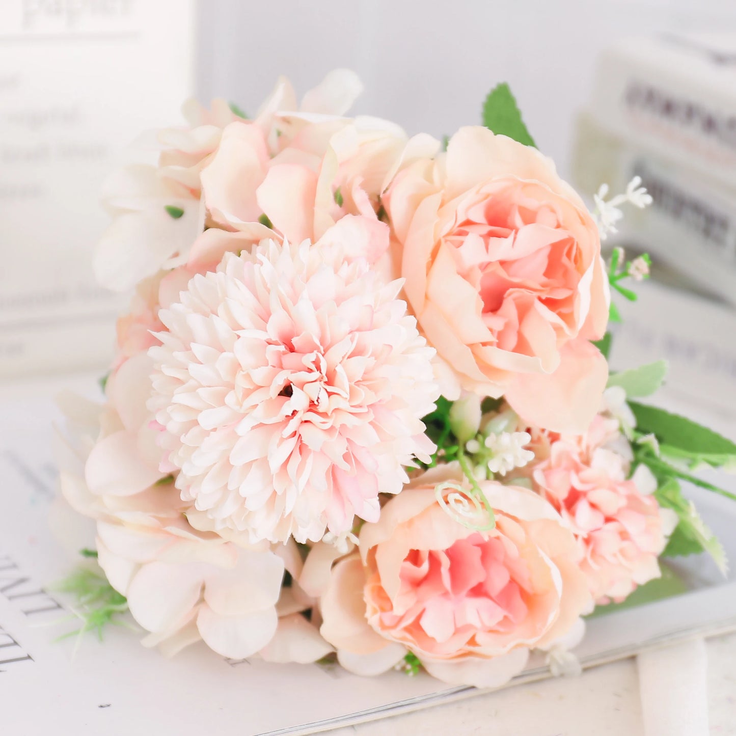 Blush Rose & Hydrangea Flower Bouquet – Pink Faux Floral Centrepiece for Home Decor