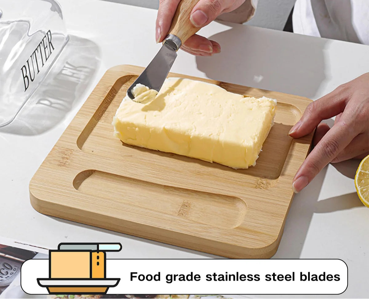 Bamboo Butter Dish with Glass Lid & Knife – Wooden Butter Container with Cutter and Storage Tray