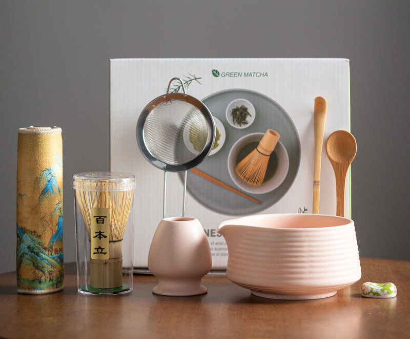 8-Piece Matcha Tea Ceremony Gift Set – Traditional Bamboo Whisk, Sifter, Bowl & Accessories in Elegant White or Sakura Pink
