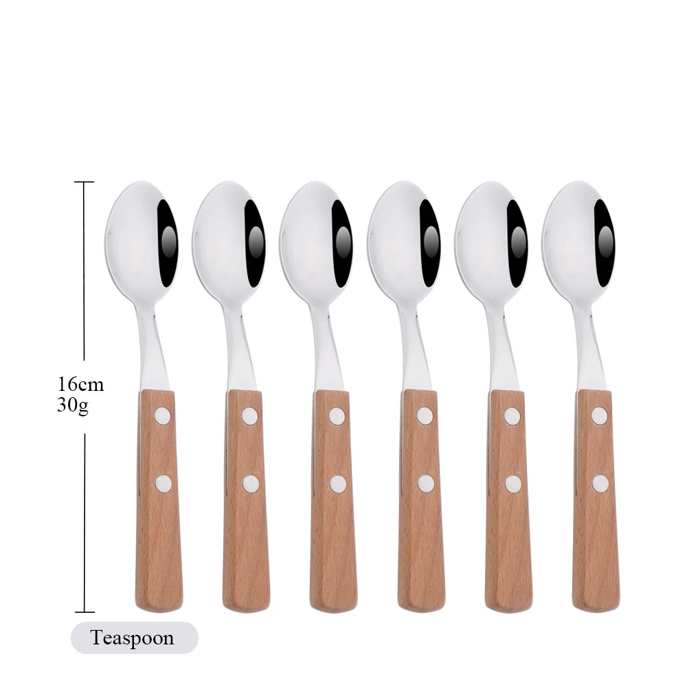 Wooden Handle Cutlery Set – 24 Piece Stainless Steel Knives, Forks & Spoons for Dining & Kitchen