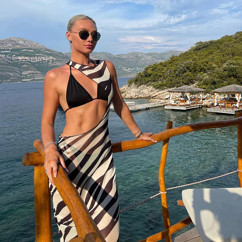Zyana Zebra Print Mesh Cut Out Maxi Dress – Sleeveless Black and White Bodycon Beach Cover Up Dress for Summer Holiday & Clubwear