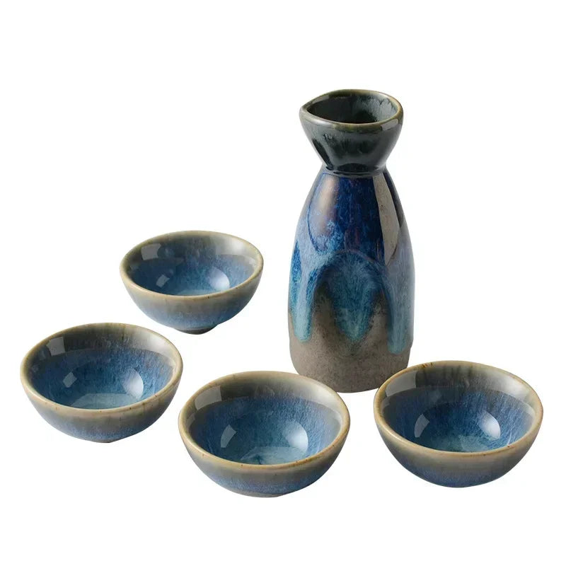 Aozora Japanese Sake Set – 5-Piece Deep Blue Ceramic Bottle & Cup Gift Set for Home Bar and Dining