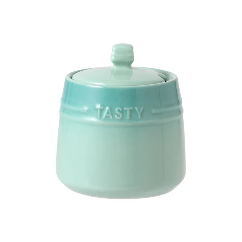 Ceramic Sugar/ Spice Bowl with Lid & Spoon – 1 Piece Colourful Kitchen Condiment Jar for Sugar, Salt & Spices