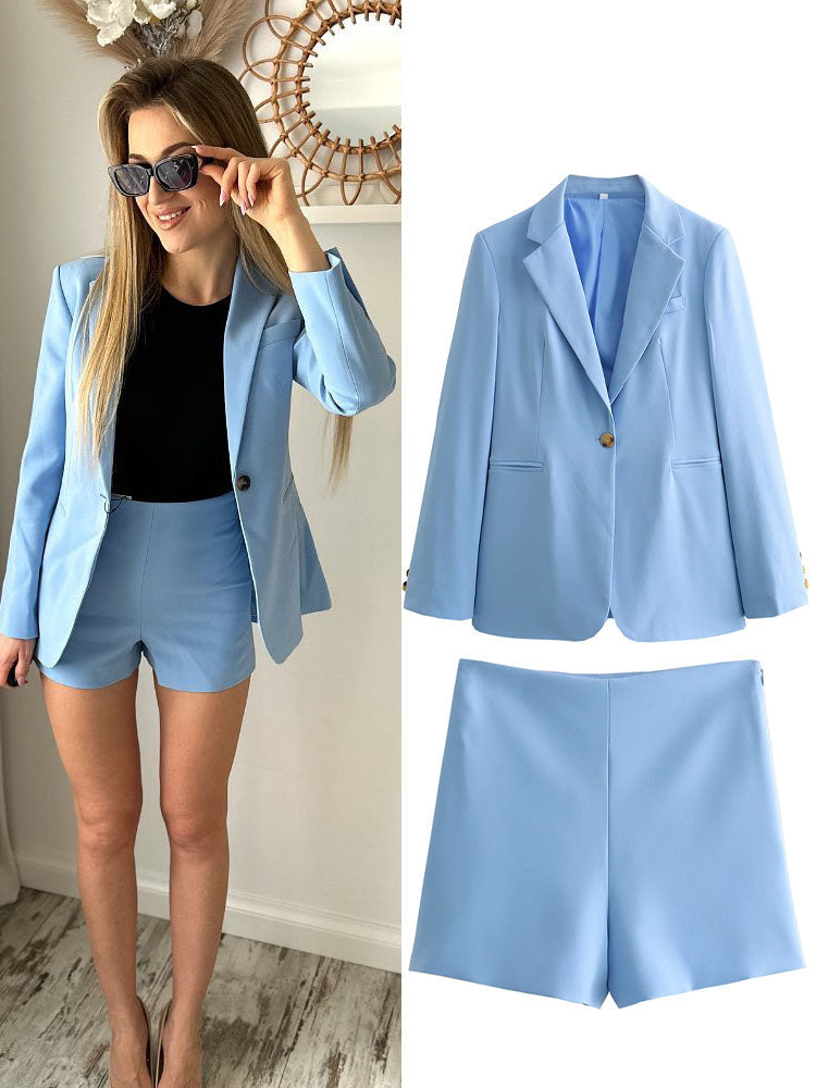 Zelina Tailored Light Blue Blazer Co-Ord Set – Two-Piece with Trousers or Shorts for Summer Outfits