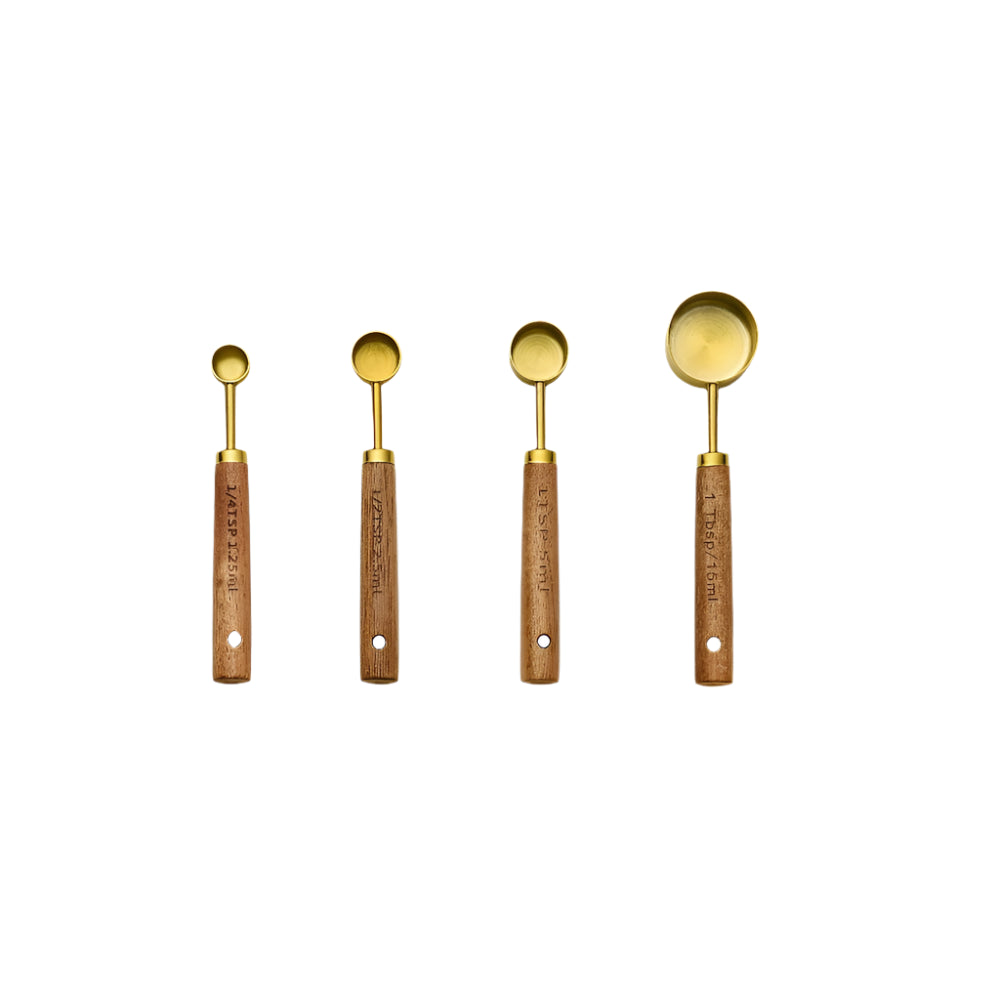 Wooden Handle Measuring Cups and Spoons Set - Stainless Steel Kitchen Baking Tools in 1Pc, 4Pcs or 8Pcs Silver, Black or Gold